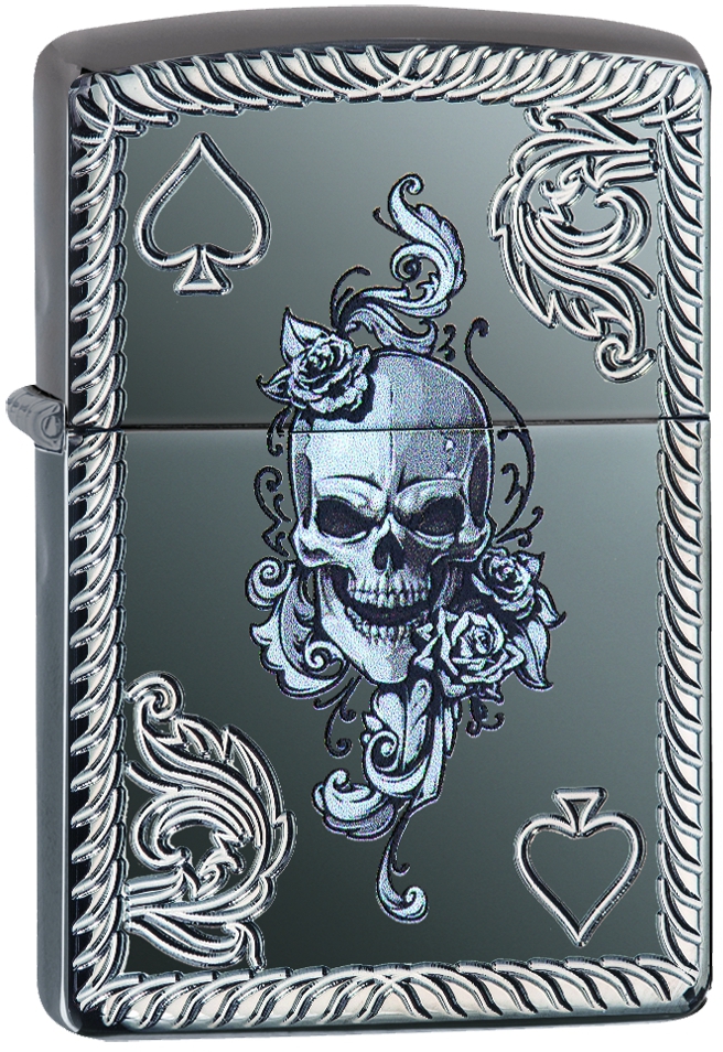 Zippo Ace Of Spades Skull Black Ice Finish Armor Deep Carved Lighter Lighters Apvalus Collectibles